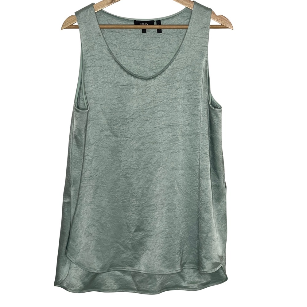 Theory Everyday Tank Double Sateen Sage Green Crinkle Scoop Neck Top Large